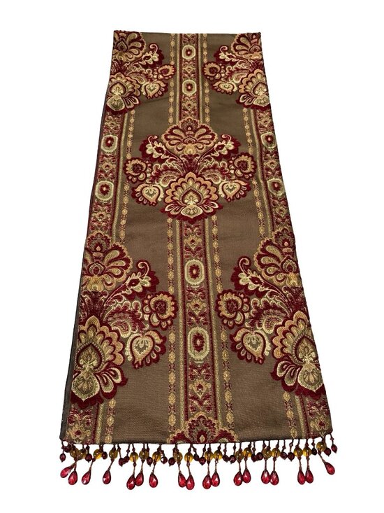 Bombay Company Other - Vintage Bombay Company Silk Velvet Tapestry Table Runner Beaded Fringe Red Gold